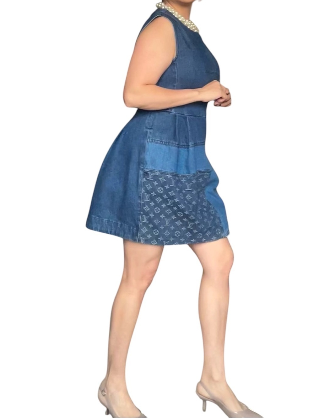 Denim Monogram  Dress Sleeveless A-Line Structured Mini Size Small - Picture 8 of 16